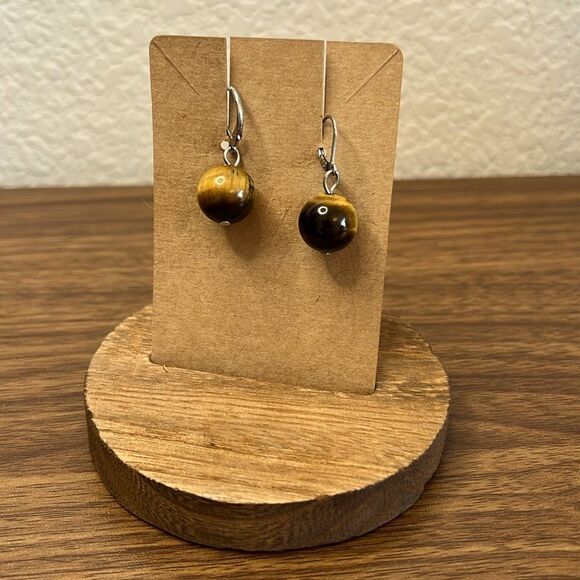 Tiger's Eye Bead Pierced Earrings - Picture 1 of 5